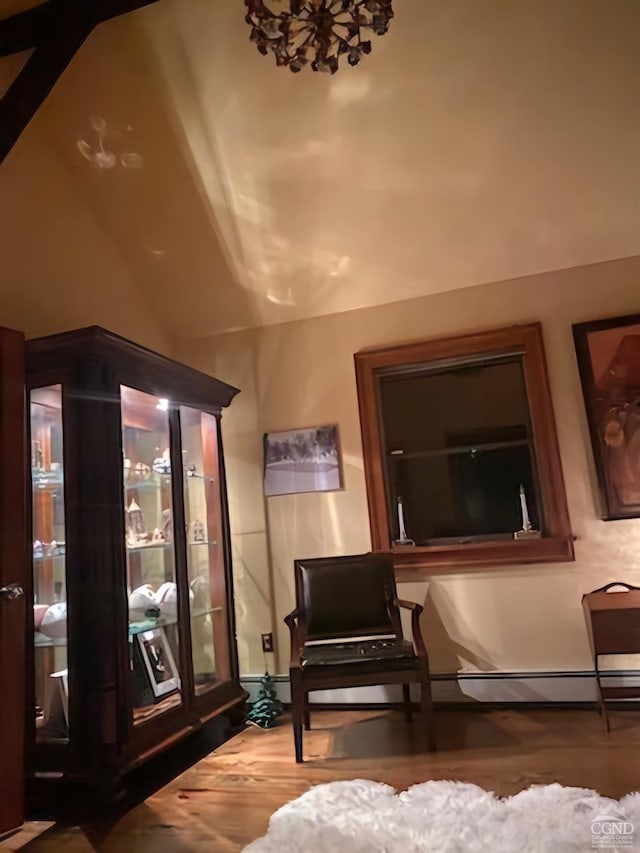 sitting room featuring hardwood / wood-style flooring and lofted ceiling