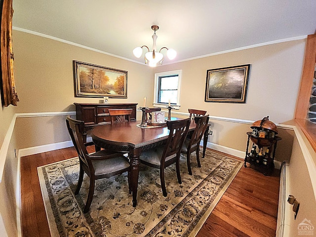 dining room with a chandelier, dark hardwood / wood-style floors, and ornamental molding