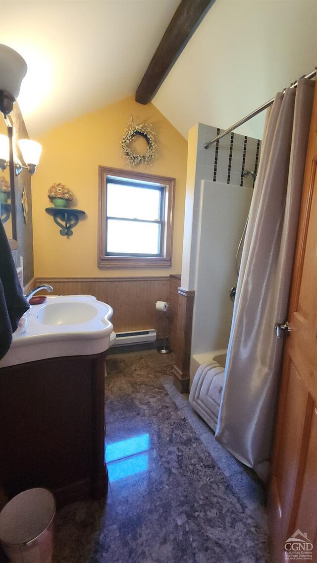 full bathroom featuring vanity, a baseboard heating unit, lofted ceiling with beams, shower / bath combination with curtain, and toilet