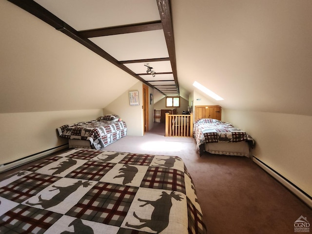 bedroom featuring carpet floors, baseboard heating, and lofted ceiling