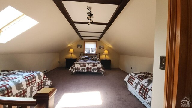 carpeted bedroom featuring vaulted ceiling with skylight