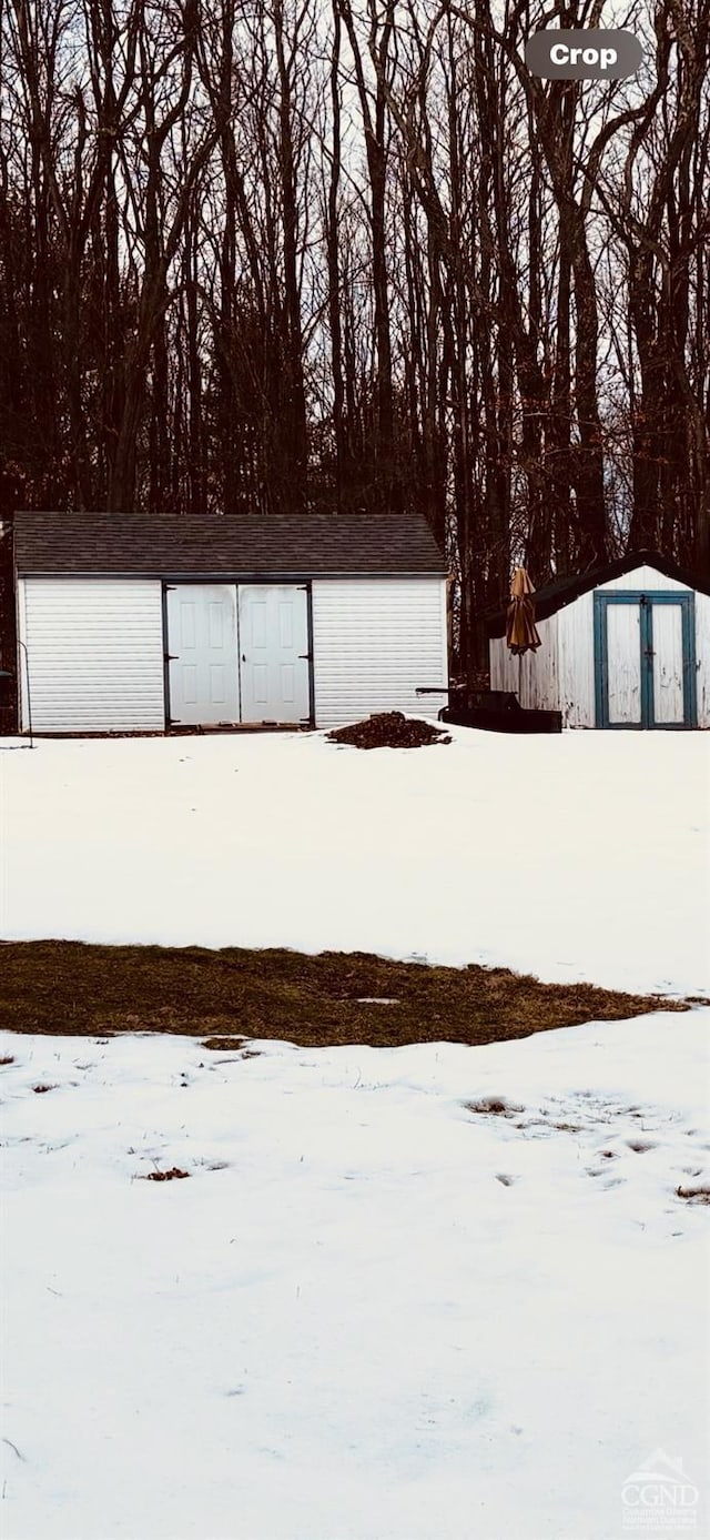 snowy yard with a shed