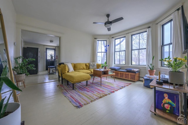 living room with hardwood / wood-style flooring and ceiling fan