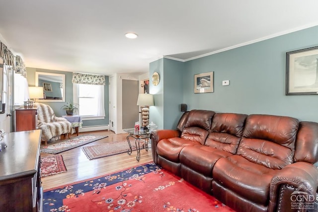 living area with crown molding, baseboard heating, baseboards, and wood finished floors
