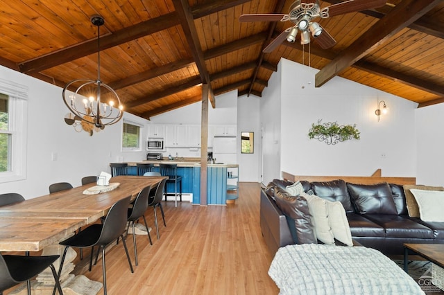 interior space featuring ceiling fan with notable chandelier, beam ceiling, light wood-type flooring, and wooden ceiling