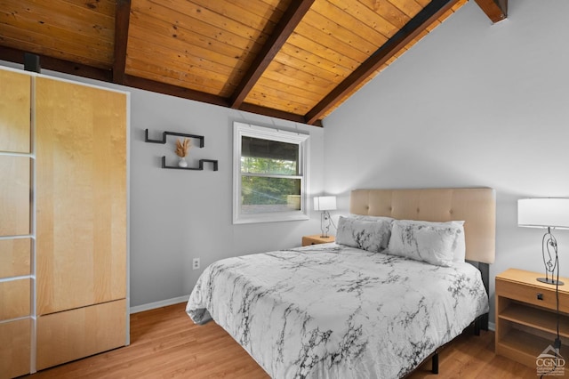 bedroom featuring lofted ceiling with beams, light hardwood / wood-style floors, and wooden ceiling