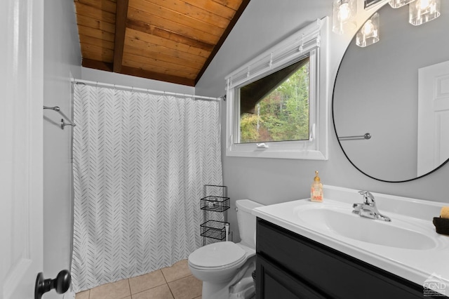 bathroom featuring vanity, tile patterned floors, vaulted ceiling, toilet, and wood ceiling