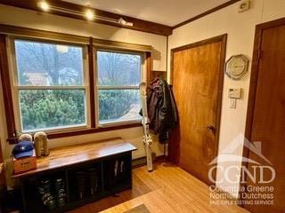 mudroom with light wood-type flooring and crown molding