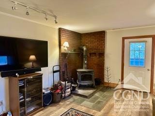 living room featuring track lighting and a wood stove