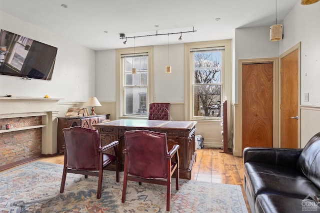 living area with light wood-style floors, rail lighting, and wainscoting