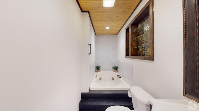 bathroom featuring wooden ceiling, a bath, and toilet