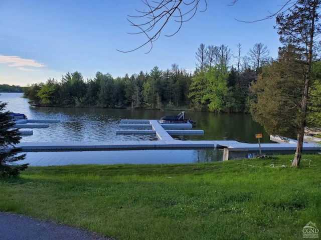 view of dock with a water view and a lawn