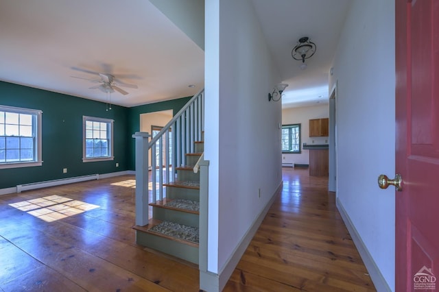 stairs with ceiling fan, hardwood / wood-style flooring, a healthy amount of sunlight, and baseboard heating