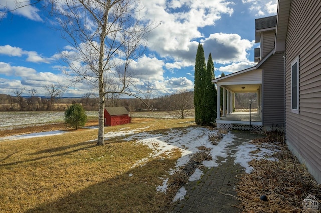 view of yard featuring a storage shed