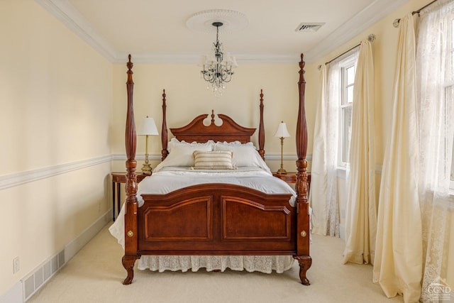 bedroom with light carpet, ornamental molding, and a notable chandelier