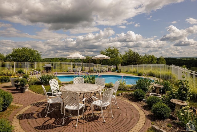 view of pool with pool water feature and a patio