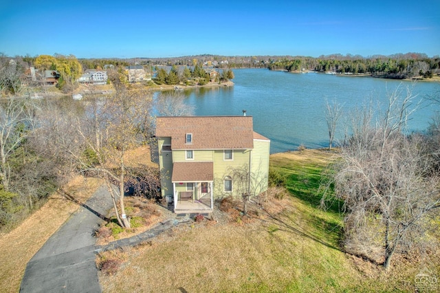 aerial view featuring a water view