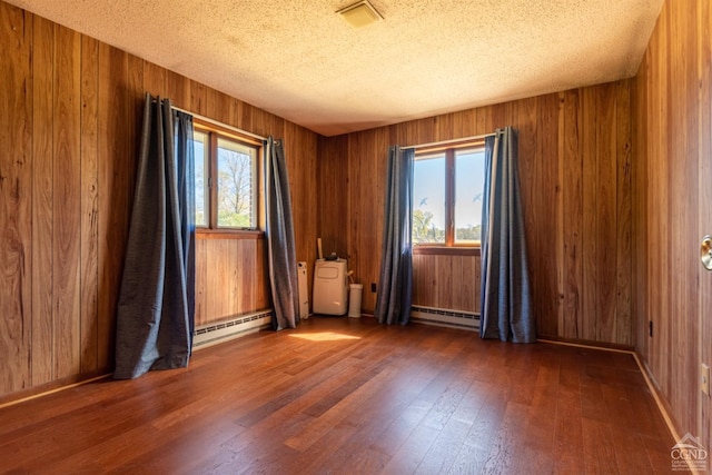 empty room with dark hardwood / wood-style flooring, baseboard heating, and wood walls