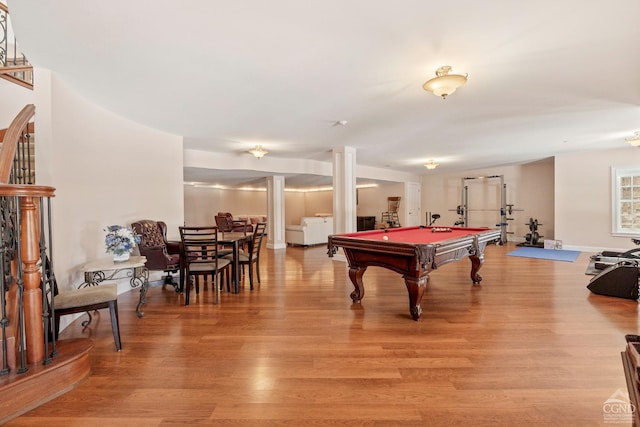 recreation room with light wood finished floors, billiards, and baseboards