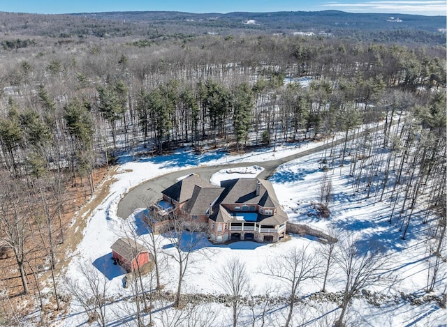 snowy aerial view featuring a wooded view