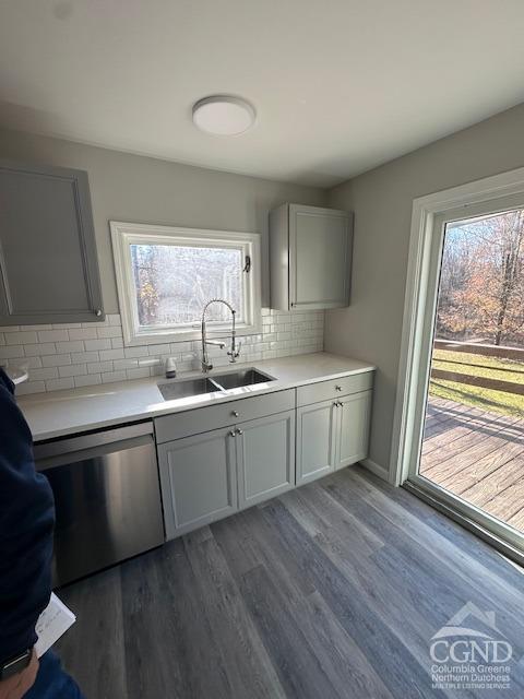 kitchen with sink, dark wood-type flooring, tasteful backsplash, stainless steel dishwasher, and gray cabinets