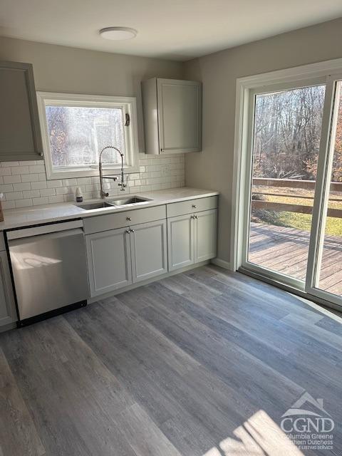 kitchen with dishwasher, a healthy amount of sunlight, dark hardwood / wood-style floors, and sink