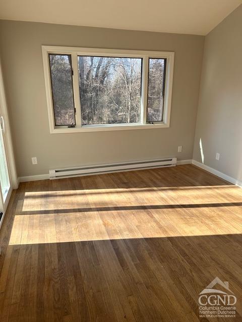 spare room with a healthy amount of sunlight, wood-type flooring, and baseboard heating