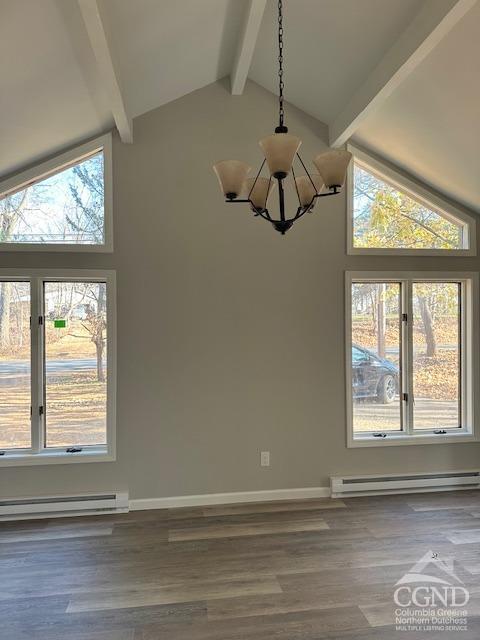 unfurnished dining area with hardwood / wood-style floors, baseboard heating, and plenty of natural light