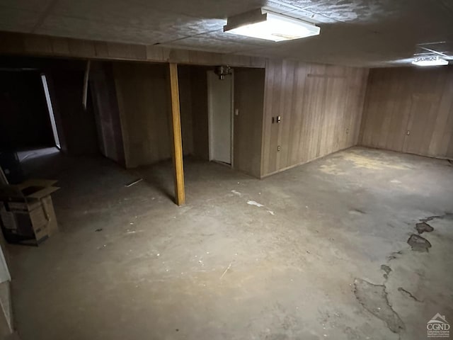 unfinished below grade area featuring wood walls