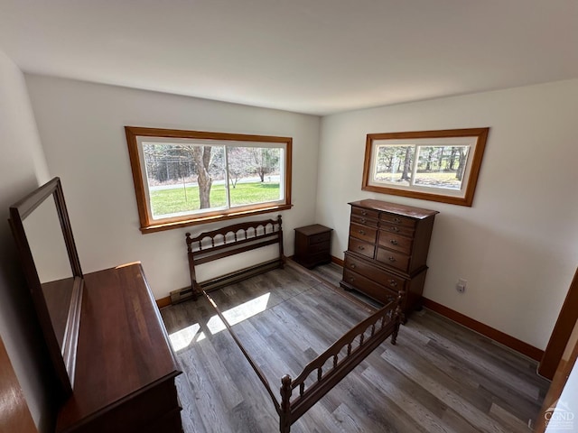 bedroom with baseboards, wood finished floors, and radiator