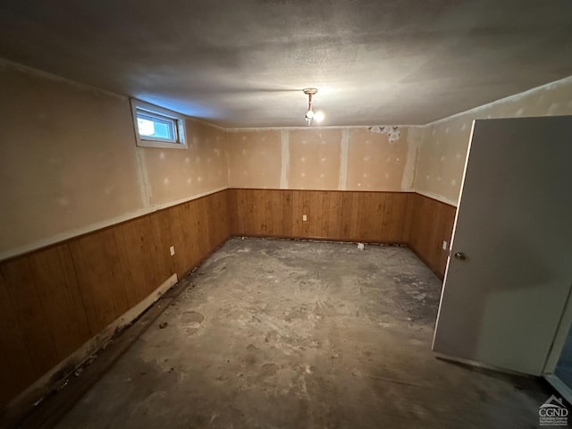 basement featuring wood walls and wainscoting