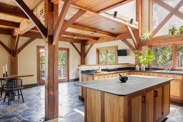 kitchen featuring wood ceiling, a kitchen island, a wealth of natural light, and sink