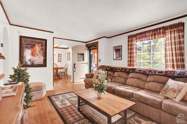 living room with hardwood / wood-style flooring and ornamental molding