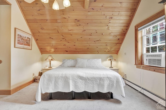 carpeted bedroom with ceiling fan, baseboard heating, wood ceiling, and vaulted ceiling