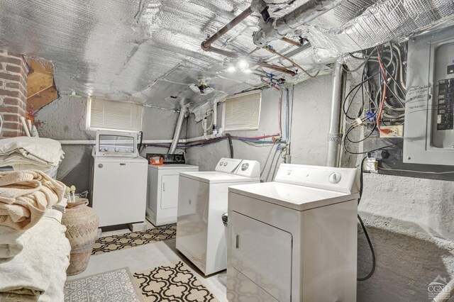 laundry area featuring washing machine and clothes dryer and electric panel