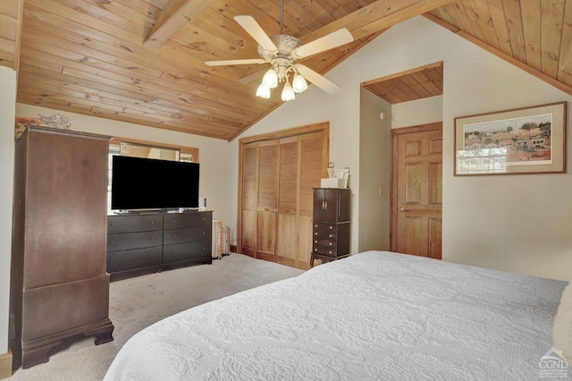 carpeted bedroom with wood ceiling, ceiling fan, and lofted ceiling with beams