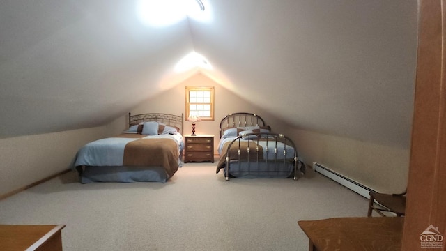 carpeted bedroom featuring lofted ceiling and a baseboard radiator