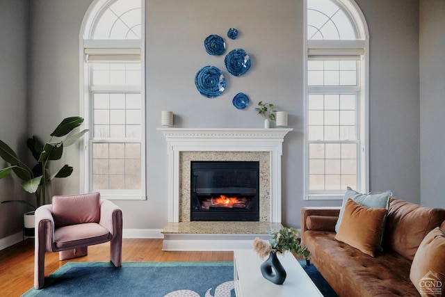 living area with a glass covered fireplace, baseboards, and wood finished floors
