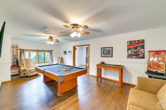 playroom featuring ceiling fan, wood-type flooring, a baseboard heating unit, and billiards