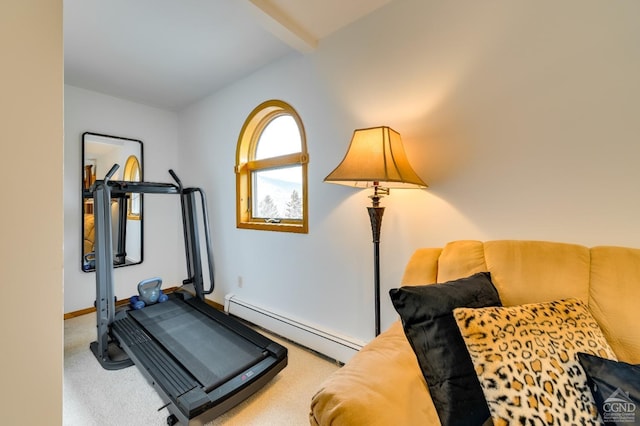 workout room featuring carpet flooring, a baseboard radiator, and vaulted ceiling