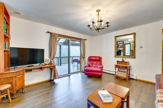 living room featuring dark hardwood / wood-style flooring, a baseboard radiator, and an inviting chandelier