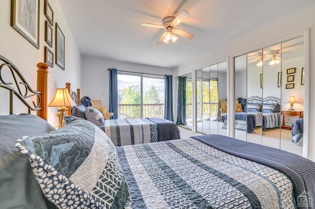 bedroom featuring access to exterior and ceiling fan