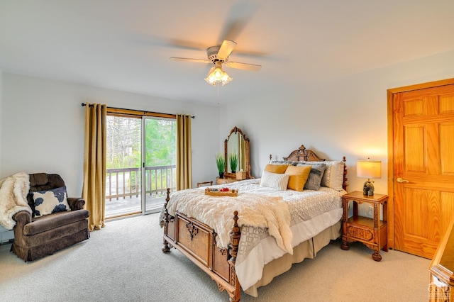 bedroom with ceiling fan, access to exterior, and light carpet