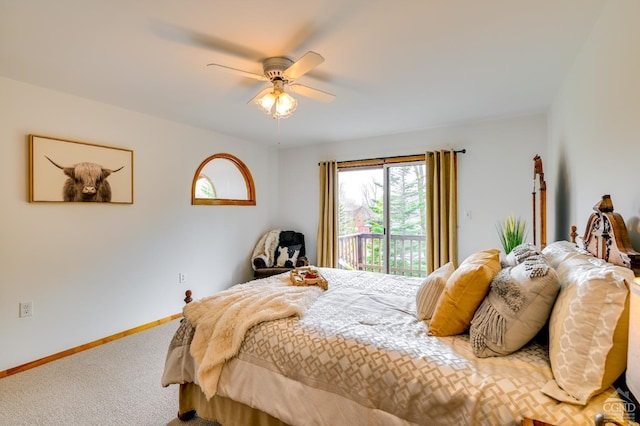 bedroom featuring access to outside, ceiling fan, and carpet flooring