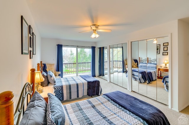 bedroom with access to exterior, light colored carpet, and ceiling fan