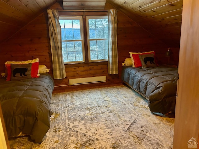 bedroom with wooden walls, lofted ceiling, wood-type flooring, a baseboard heating unit, and wood ceiling