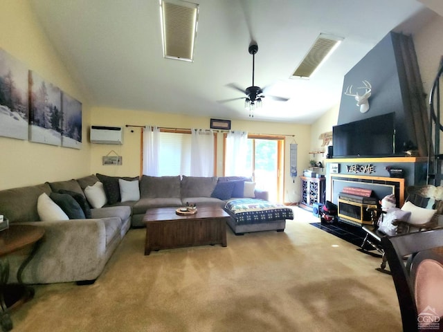 carpeted living room with a wall mounted air conditioner, visible vents, lofted ceiling, and ceiling fan