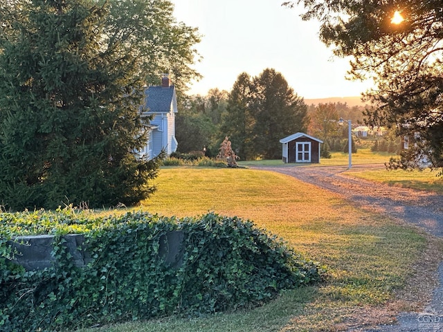 yard at dusk featuring a shed