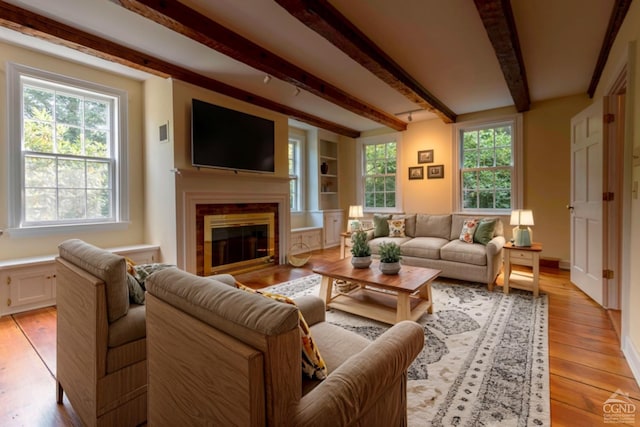 living room featuring beamed ceiling, built in shelves, a wealth of natural light, and light hardwood / wood-style flooring