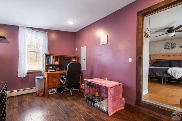 office area with electric panel, hardwood / wood-style flooring, ceiling fan, and a baseboard radiator